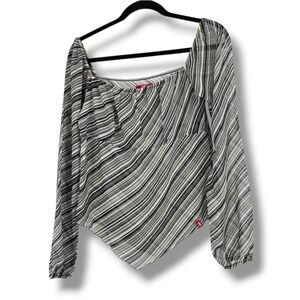 edc by Esprit Womens Striped Sheer Handkerchief Hem Square Neck Top Black Grey S